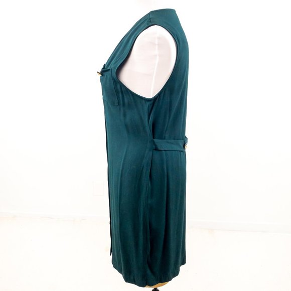 Vintage 80s 10 Button Down V-neck Dress Green - Picture 4 of 8